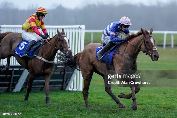 Harry Cobden riding Captain Teague clear the last to win The Coral Challow Novices' Hurdle at Newbury Racecourse on December 30, 2023 in Newbury,...