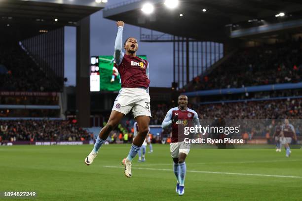 Leon Bailey of Aston Villa celebrates after scoring their team's first goal during the Premier League match between Aston Villa and Burnley FC at...