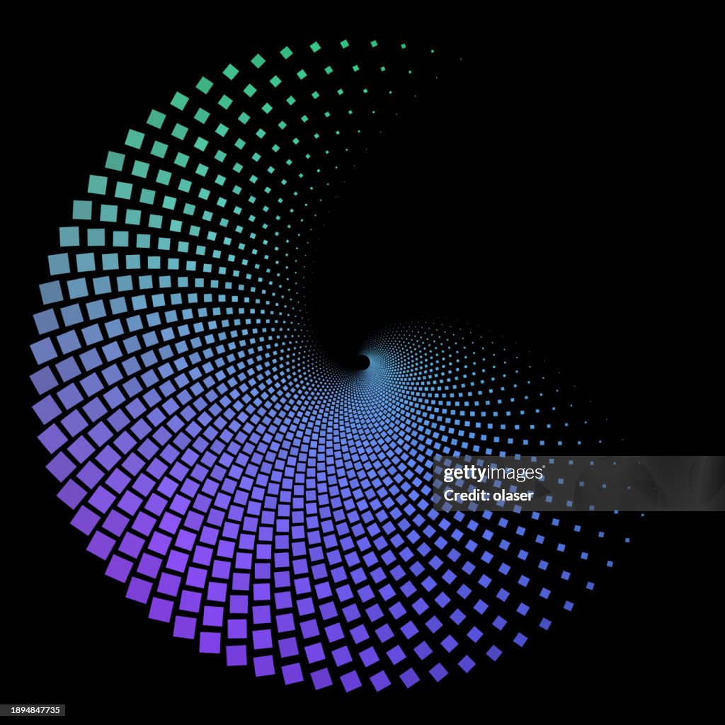 Abstract blue and purple pixel spiral on black background.