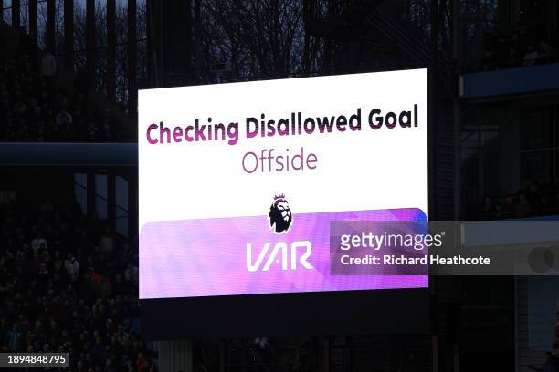 General view of the scoreboard as the VAR review a goal scored by Lyle Foster of Burnley which is disallowed for offside during the Premier League...