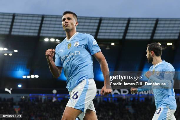 Rodri of Manchester City celebrates after scoring his side's first goal during the Premier League match between Manchester City and Sheffield United...