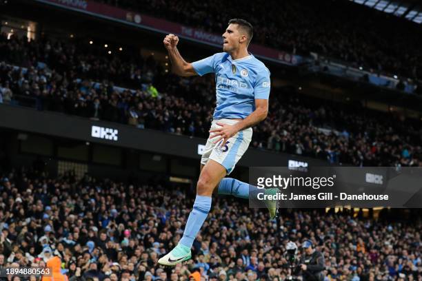 Rodri of Manchester City celebrates after scoring his side's first goal during the Premier League match between Manchester City and Sheffield United...