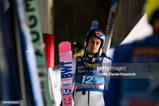 Maciej Kot of Poland reacts prior to the trial jump for the FIS World Cup Ski Jumping Four Hills Tournament Men Innsbruck Individual HS128 on January...