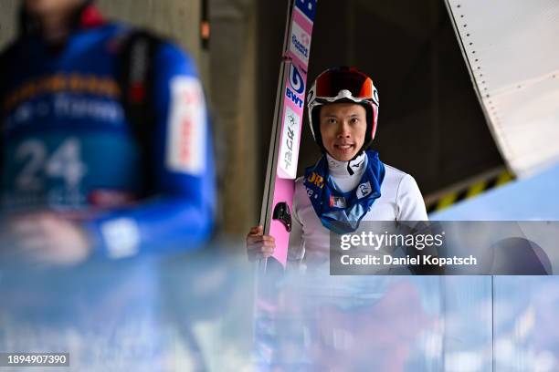 Taku Takeuchi of Japan reacts prior to the trial jump for the FIS World Cup Ski Jumping Four Hills Tournament Men Innsbruck Individual HS128 on...