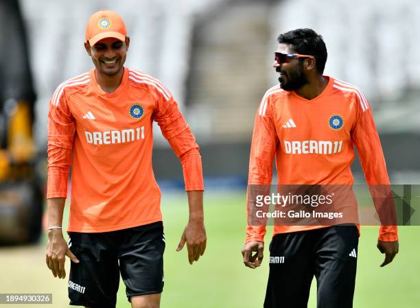 Yashasvi Jaiswal and KS Bharat during the India national men's cricket team training session at Newlands Cricket Stadium on January 02, 2024 in Cape...