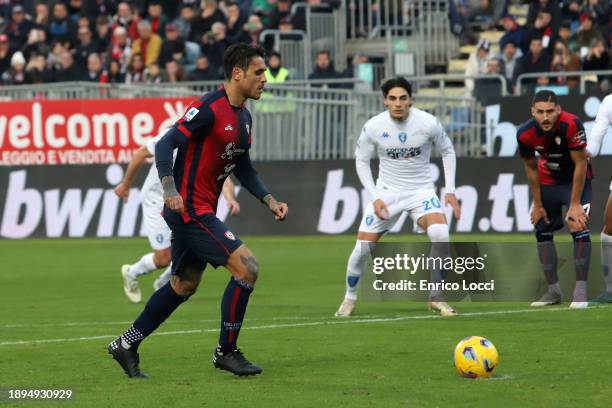 Nicolas Viola of Cagliari takes a penalty kick during the Serie A TIM match between Cagliari Calcio and Empoli FC at Sardegna Arena on December 30,...