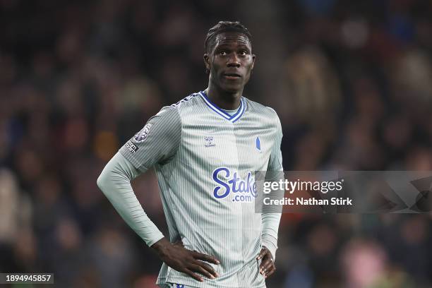 Amadou Onana of Everton looks dejected after Craig Dawson of Wolverhampton Wanderers scores their sides third goal during the Premier League match...
