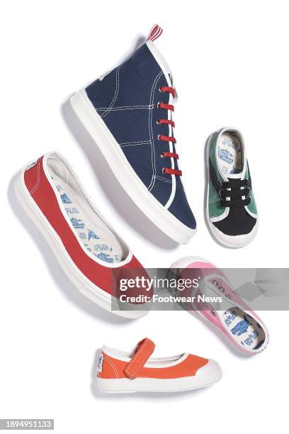 High-top with stitching detail on upper; two-tone lace-up sneaker; slip-on with elastic goring; Mary Jane with bump toe; and round-toe ballerina flat