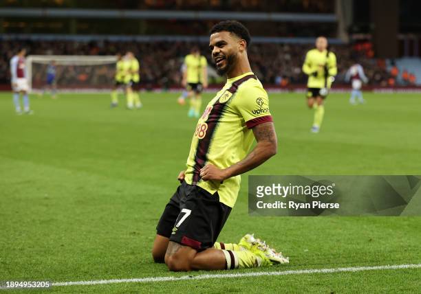 Lyle Foster of Burnley celebrates after scoring their team's second goal during the Premier League match between Aston Villa and Burnley FC at Villa...