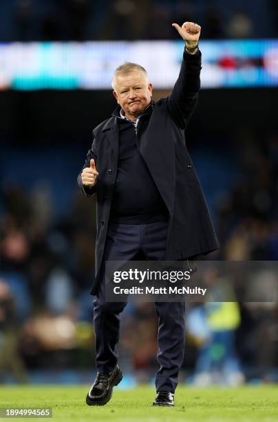 Chris Wilder, Manager of Sheffield United acknowledges fans after the Premier League match between Manchester City and Sheffield United at Etihad...