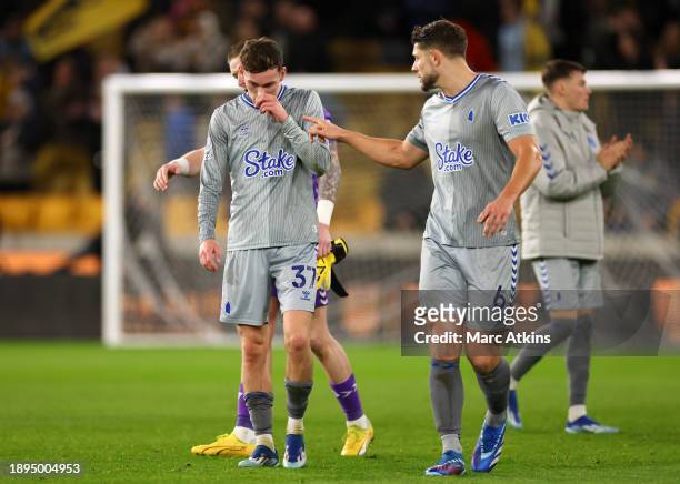 James Garner and James Tarkowski of Everton interact following the Premier League match between Wolverhampton Wanderers and Everton FC at Molineux on...
