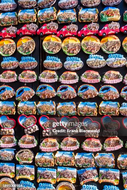 Colorful magnetic pictures, souvenirs of the Sassi di Matera, the historic cave dwelling district of the ancient town.