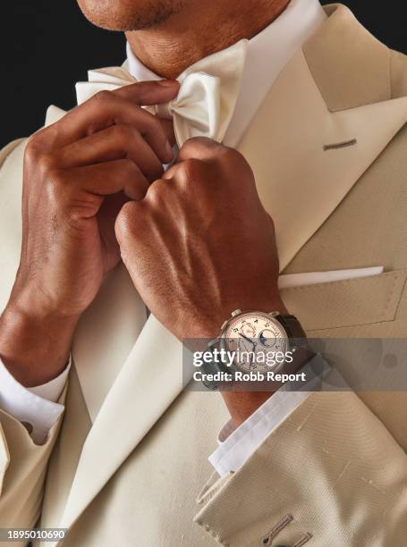 Lange & Söhne 1815 Annual Calendar in white gold; Thom Sweeney silk tuxedo jacket; Brunello Cucinelli satin bow tie and cotton pocket square; Hermès...