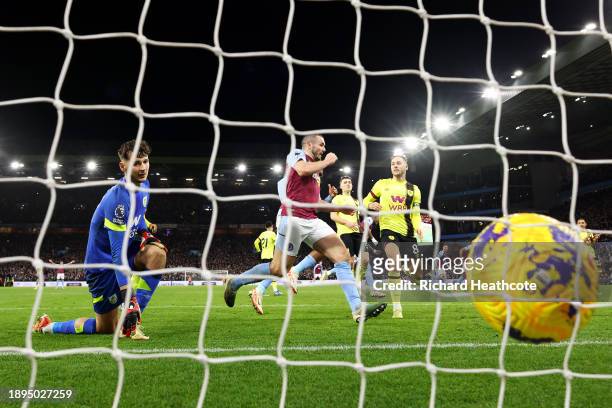 James Trafford of Burnley looks on after Douglas Luiz of Aston Villa scores their team's third goal during the Premier League match between Aston...