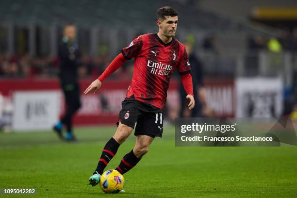 Christian Pulisic of AC Milan in action during the Serie A TIM match between AC Milan and US Sassuolo at Stadio Giuseppe Meazza on December 30, 2023...