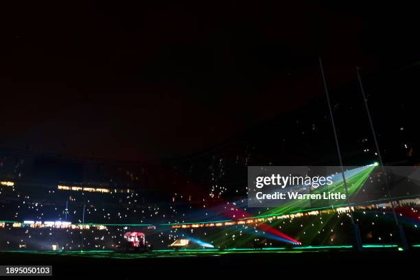 General view of the inside of the stadium as a Laser Show takes place as DJ Joel Corry performs on the pitch prior to the Gallagher Premiership Rugby...