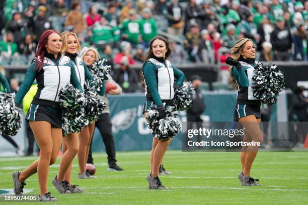 Philadelphia Eagles cheerleaders perform during the game between the Arizona Cardinals and the Philadelphia Eagles on December 31, 2023 at Lincoln...