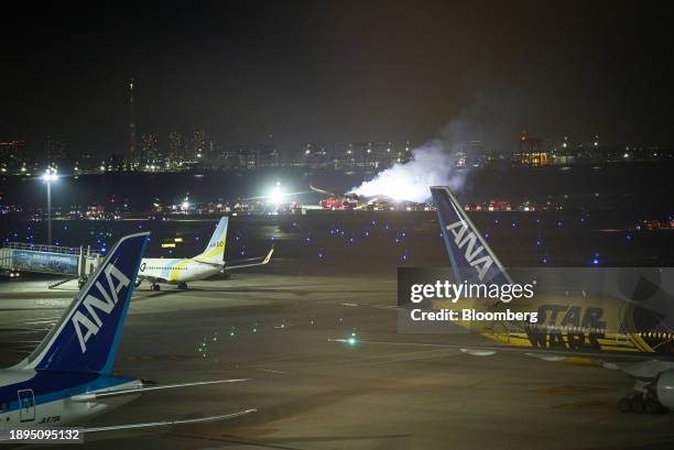 An Airbus SE A350-900 aircraft, operated by Japan Airlines Co., that caught fire on landing at Haneda Airport in Tokyo, Japan, on Tuesday, Jan. 2,...