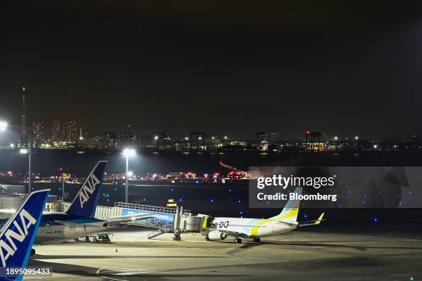 An Airbus SE A350-900 aircraft, operated by Japan Airlines Co., that caught fire on landing at Haneda Airport in Tokyo, Japan, on Tuesday, Jan. 2,...