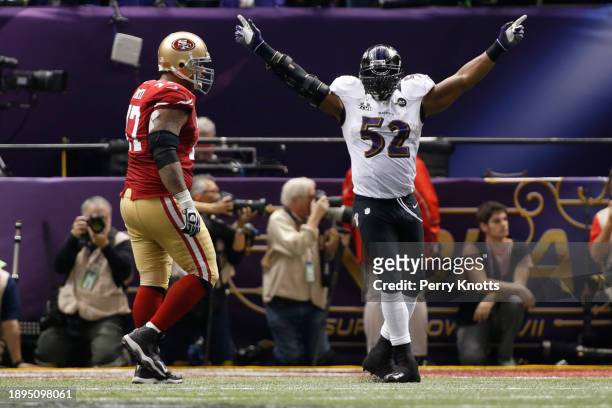 Ray Lewis of the Baltimore Ravens celebrates after stoping the San Francisco 49ers on fourth down in the fourth quarter during Super Bowl XLVII at...