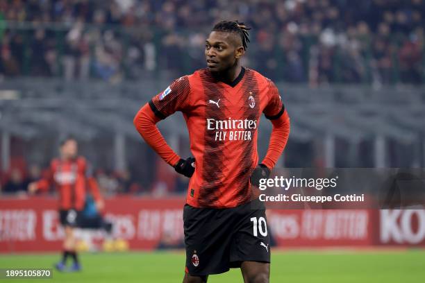 Rafael Leao of AC Milan looks on during the Serie A TIM match between AC Milan and US Sassuolo at Stadio Giuseppe Meazza on December 30, 2023 in...
