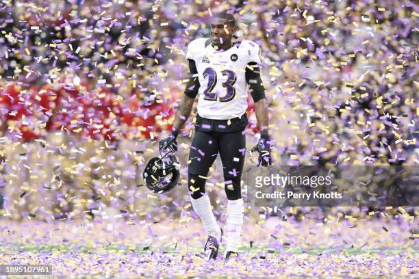 Chykie Brown of the Baltimore Ravens celebrates after defeating the San Francisco 49ers during Super Bowl XLVII at Mercedes-Benz Superdome on...