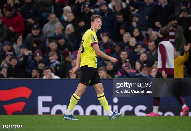 Sander Berge of Burnley walks towards the tunnel after being shown a red card during the Premier League match between Aston Villa and Burnley FC at...