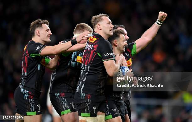Danny Care of Harlequins celebrates scoring their team's fifth try with teammates during the Gallagher Premiership Rugby Big Game 15 match between...