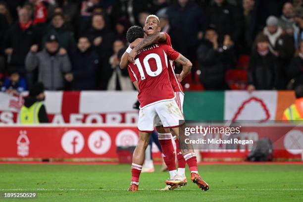 Morgan Gibbs-White of Nottingham Forest celebrates with team mate Danilo after scoring their sides second goal during the Premier League match...