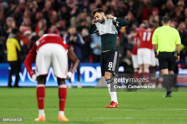 Bruno Fernandes of Manchester United looks dejected after Morgan Gibbs-White of Nottingham Forest scores their sides second goal during the Premier...