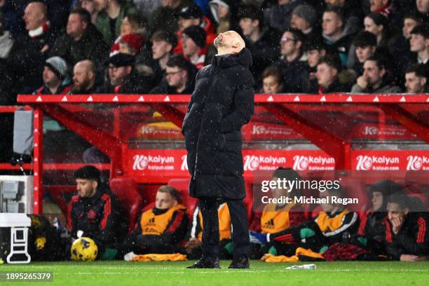 Erik ten Hag, Manager of Manchester United, looks dejected during the Premier League match between Nottingham Forest and Manchester United at City...