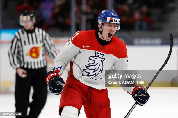 Czech Republic's forward Jakub Stancl celebrates scoring his team's third goal during quarter-final match between Canada and Czech Republic of the...