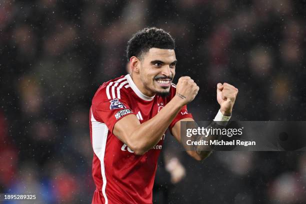 Morgan Gibbs-White of Nottingham Forest celebrates following their sides victory after the Premier League match between Nottingham Forest and...