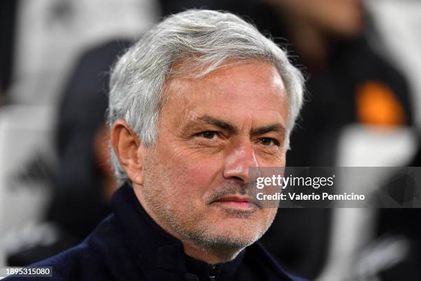 Jose Mourinho, Head Coach of AS Roma, looks on prior to the Serie A TIM match between Juventus and AS Roma at on December 30, 2023 in Turin, Italy.