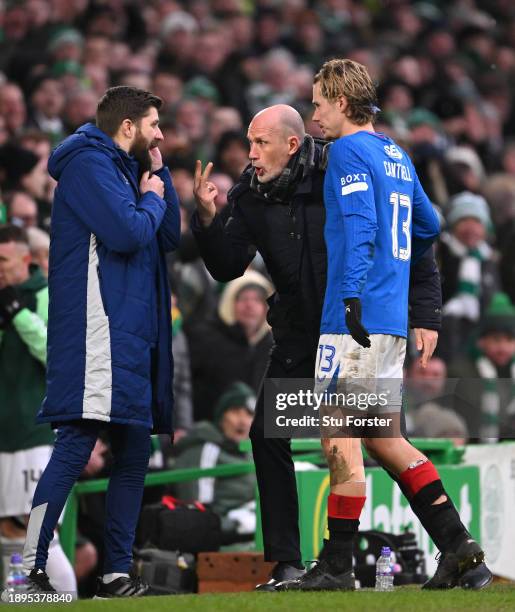 Rangers manager Philippe Clement reacts on the sidelines as Todd Cantwell looks on during the Cinch Scottish Premiership match between Celtic FC and...