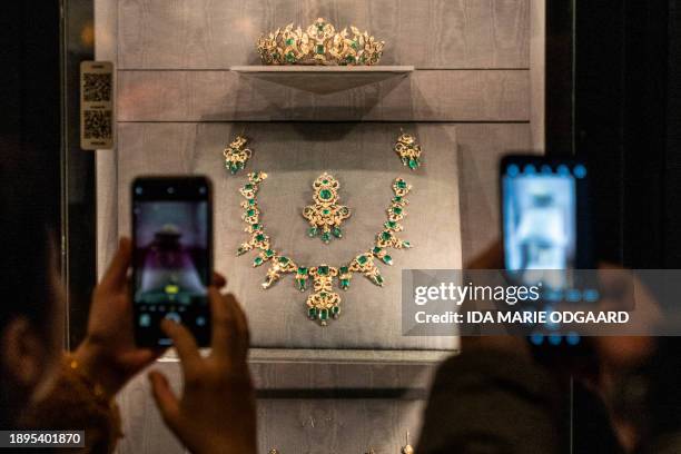 The emerald set, one of the four jewellery sets in the Danish Crown Jewel collection, is displayed at Rosenborg Castle in Copenhagen on January 2,...