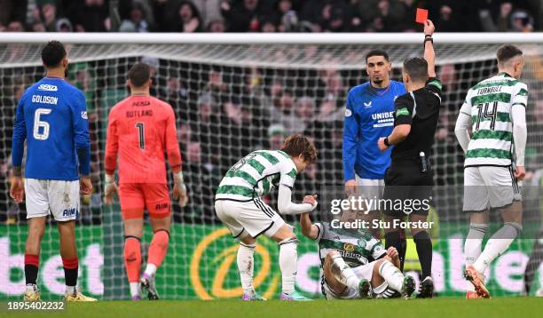 Leon Balogun of Rangers reacts after being sent off by referee Nick Walsh during the Cinch Scottish Premiership match between Celtic FC and Rangers...