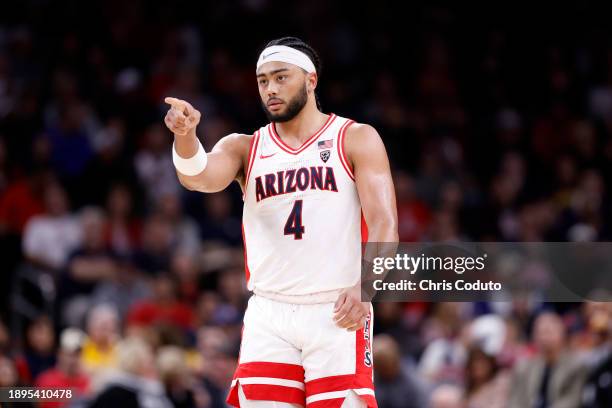 Kylan Boswell of the Arizona Wildcats gestures during the first half of the Jerry Colangelo's 2023 Hall of Fame Series Phoenix game against the...