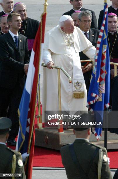 Pope John Paul II is seen during the welcoming ceremony at Rijeka airport, on the Croatian island of Krk, 05 June 2003. John Paul II arrived in...