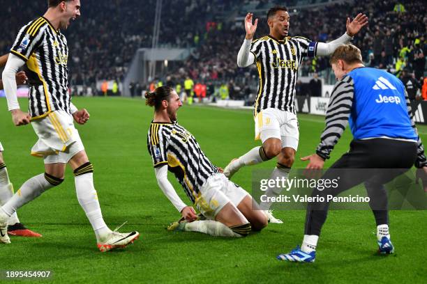 Adrien Rabiot of Juventus celebrates after scoring their sides first goal during the Serie A TIM match between Juventus and AS Roma at on December...