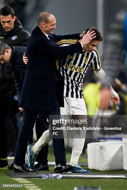 Head coach of Juventus Massimiliano Allegri hugs his player Kenan Yildiz during the Serie A TIM match between Juventus and AS Roma at Allianz Stadium...