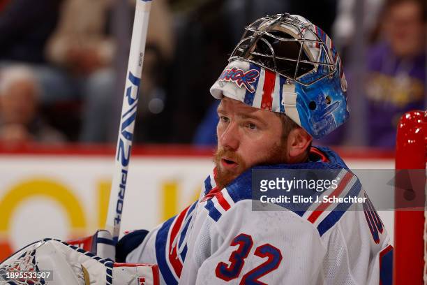 Goaltender Jonathan Quick of the New York Rangers in net during a break in the action against the Florida Panthers at the Amerant Bank Arena on...
