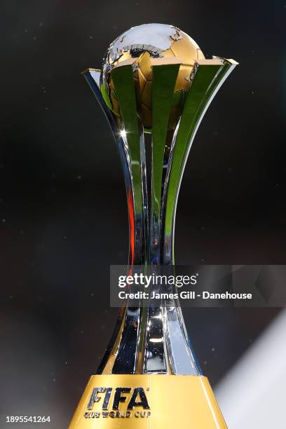 The FIFA Club World Cup trophy is seen during the Premier League match between Manchester City and Sheffield United at Etihad Stadium on December 30,...