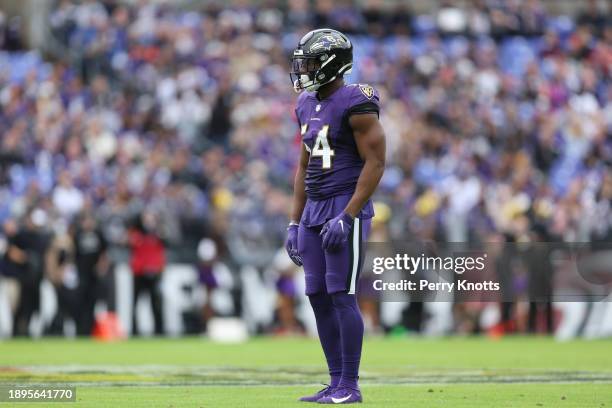 Tyus Bowser of the Baltimore Ravens stands on the field during an NFL football game against the Los Angeles Rams at M&T Bank Stadium on January 2,...