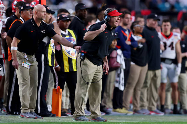 Head coach Kirby Smart of the Georgia Bulldogs calls out instructions in the second quarter against the Florida State Seminoles during the Capital...