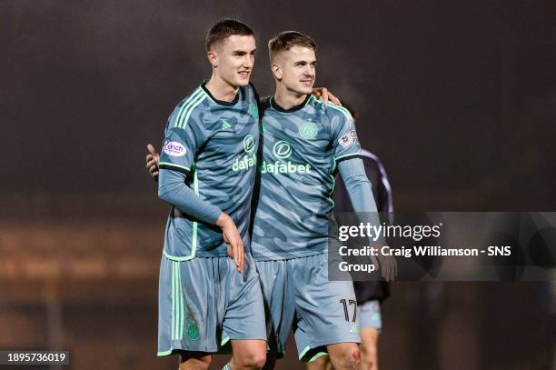 Celtic's Gustaf Lagerbielke and Maik Nawrocki at full time during a cinch Premiership match between St Mirren and Celtic at the SMiSA Stadium, on...