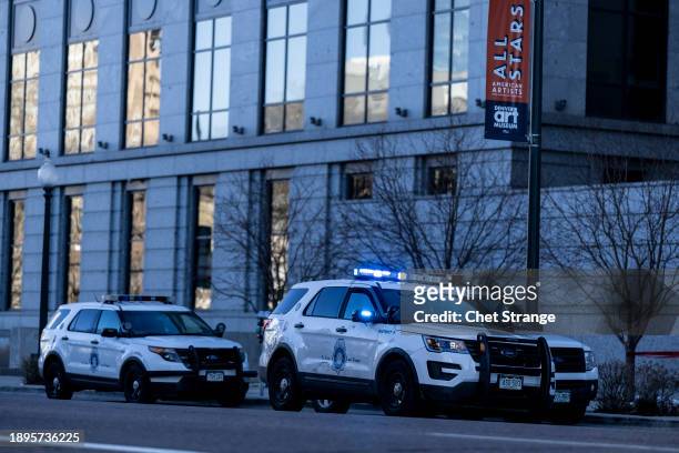Police outside the Ralph L. Carr Colorado Judicial Center, home of the Colorado Supreme Court, on January 2, 2024 in Denver, Colorado. A man broke...