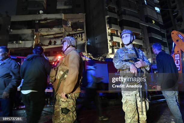 Police officers take security measures after Israeli drone struck a Hamas office in Dahieh region of Beirut, Lebanon on January 02, 2024. Hamas...