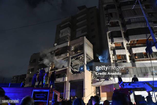 Smoke rises after Israeli drone struck a Hamas office in Dahieh region of Beirut, Lebanon on January 02, 2024. Hamas deputy chief Saleh Arouri was...