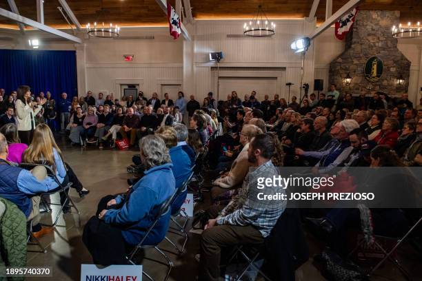 Former UN ambassador and 2024 Republican presidential hopeful Nikki Haley speaks at a campaign town hall event at Wentworth by the Sea Country Club...